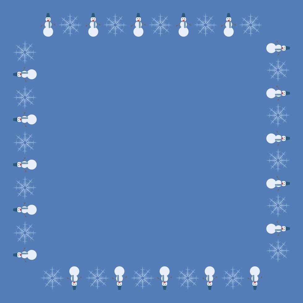 Square frame with snowmen and snowflakes on blue background. Vector image.