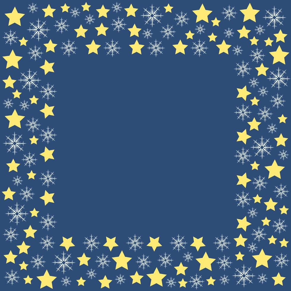 Square frame with white snowflakes and yellow stars on dark blue background. Vector image.