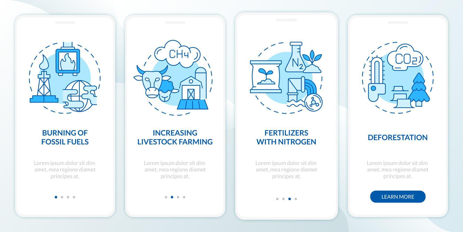 Reasons for climate change blue onboarding mobile app screen vector