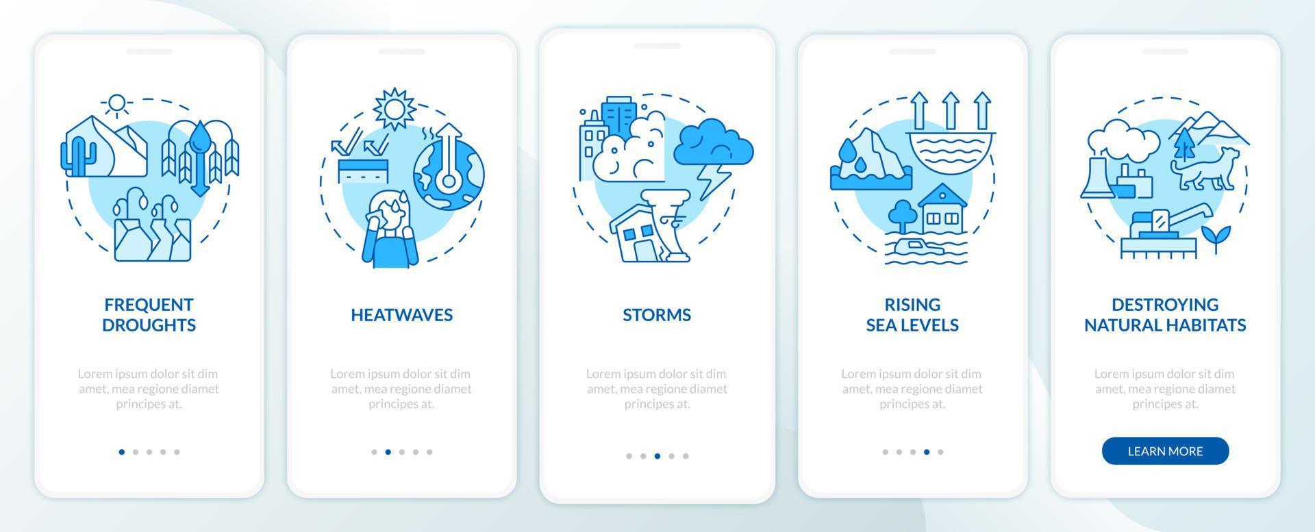 Effects of climate change blue onboarding mobile app screen vector