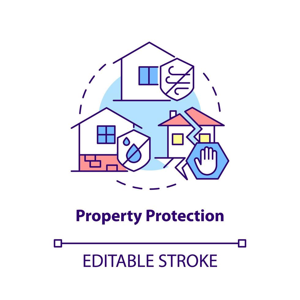 icono del concepto de protección de la propiedad. reducción de daños por desastres naturales idea abstracta ilustración de línea delgada. dibujo de contorno aislado. trazo editable. roboto-medium, innumerables fuentes pro-bold utilizadas vector