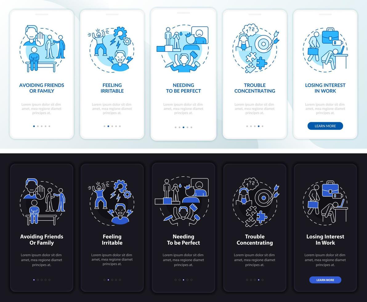 Anxiety at work night and day mode onboarding mobile app screen. Stress walkthrough 5 steps graphic instructions pages with linear concepts. UI, UX, GUI template. Myriad Pro-Bold, Regular fonts used vector