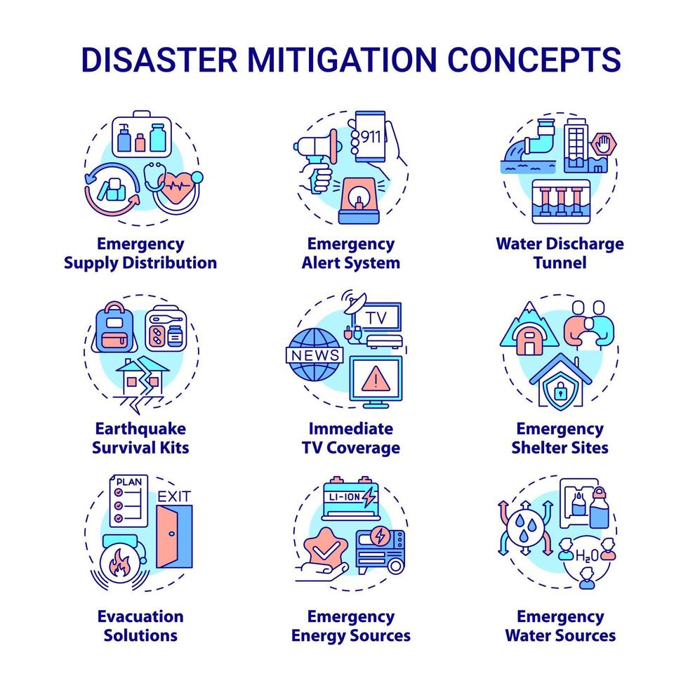 Disaster mitigation concept icons set. Emergency situation services idea thin line color illustrations. Isolated outline drawings. Editable stroke. Roboto-Medium, Myriad Pro-Bold fonts used vector