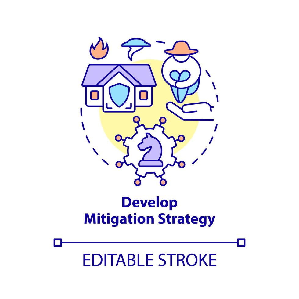 Develop mitigation strategy concept icon. Natural disaster damage abstract idea thin line illustration. Isolated outline drawing. Editable stroke. Roboto-Medium, Myriad Pro-Bold fonts used vector
