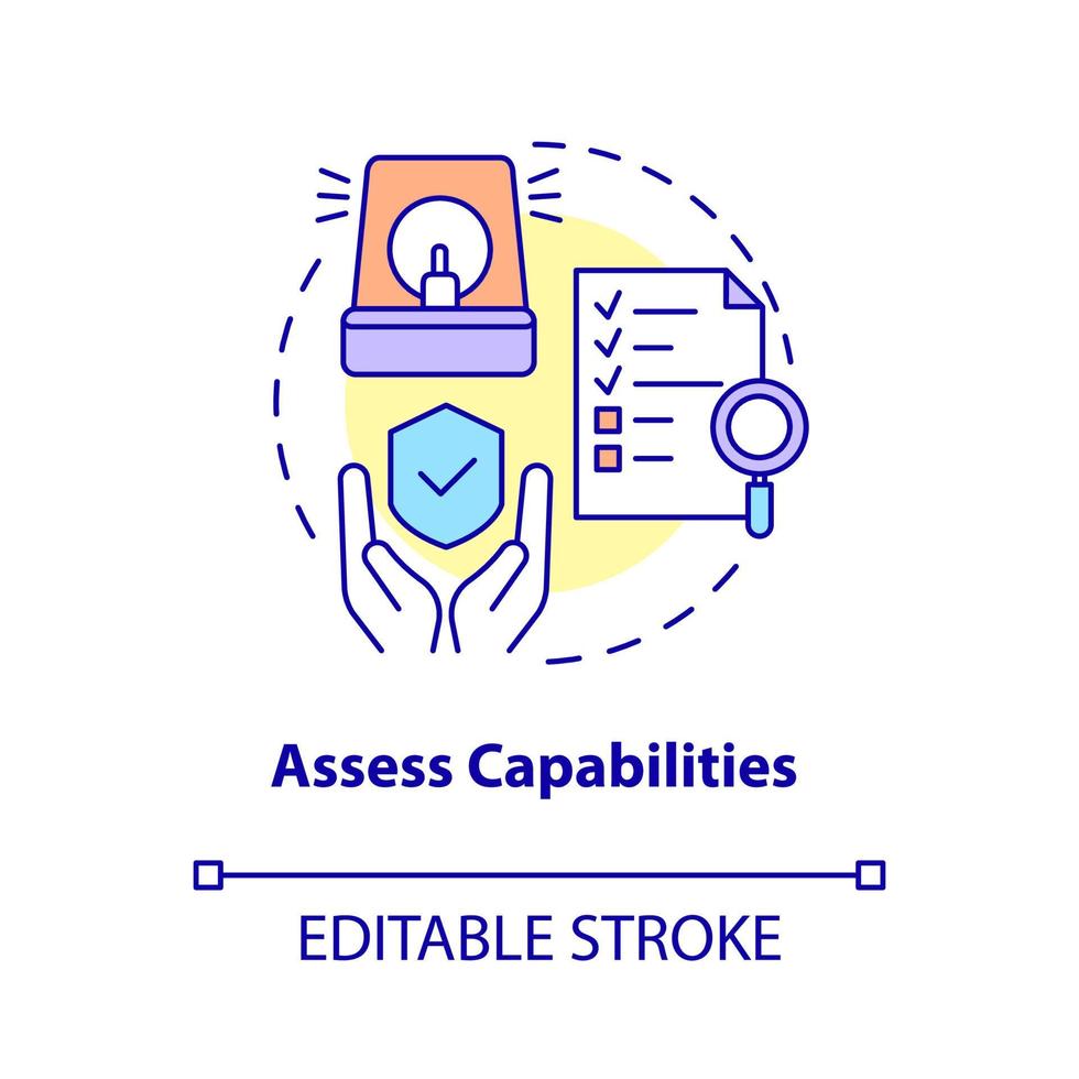 Assess capabilities concept icon. Evaluating strategy for risk reduction abstract idea thin line illustration. Isolated outline drawing. Editable stroke. Roboto-Medium, Myriad Pro-Bold fonts used vector