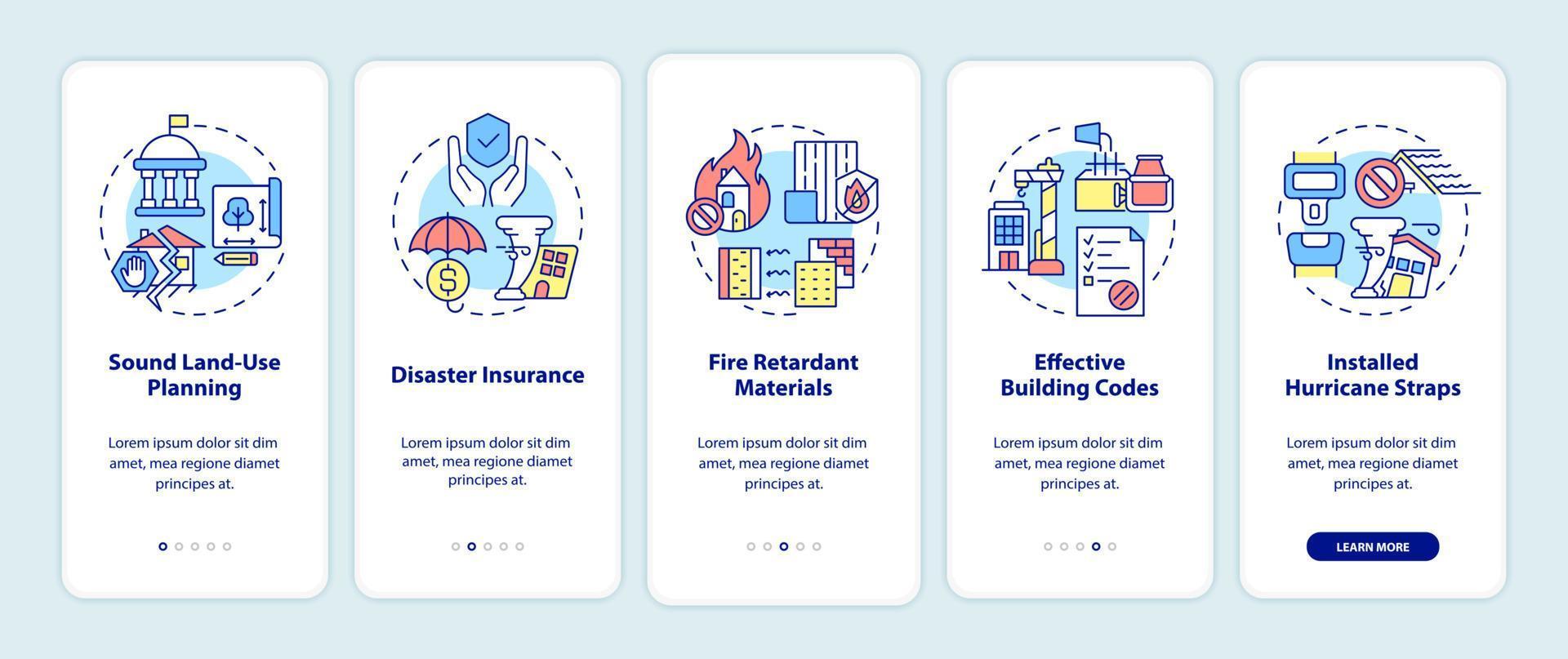 Disaster mitigation involves onboarding mobile app screen. Hazard walkthrough 5 steps graphic instructions pages with linear concepts. UI, UX, GUI template. Myriad Pro-Bold, Regular fonts used vector