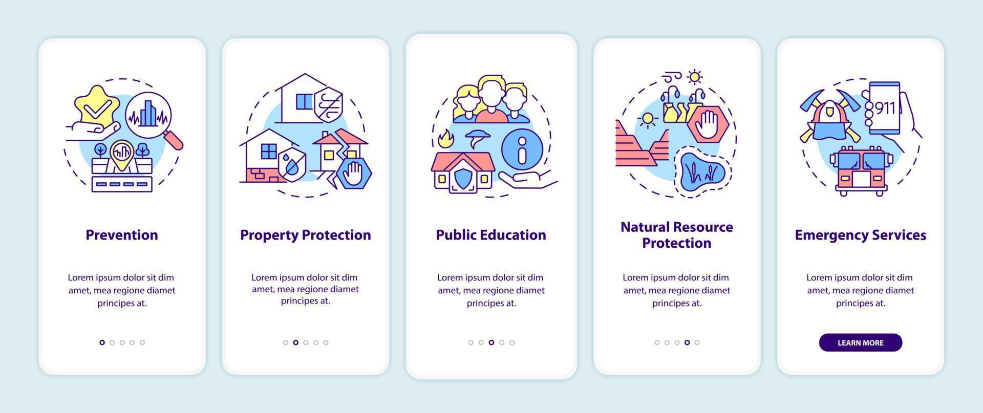 Hazard mitigation techniques onboarding mobile app screen. Emergency walkthrough 5 steps graphic instructions pages with linear concepts. UI, UX, GUI template. Myriad Pro-Bold, Regular fonts used vector