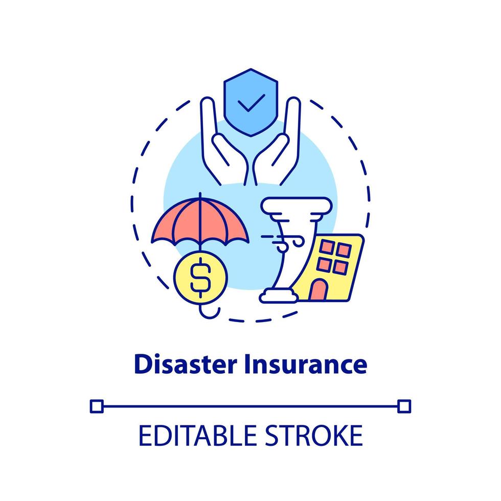 icono del concepto de seguro contra desastres. cobertura financiera para desastres naturales idea abstracta ilustración de línea delgada. dibujo de contorno aislado. trazo editable. roboto-medium, innumerables fuentes pro-bold utilizadas vector