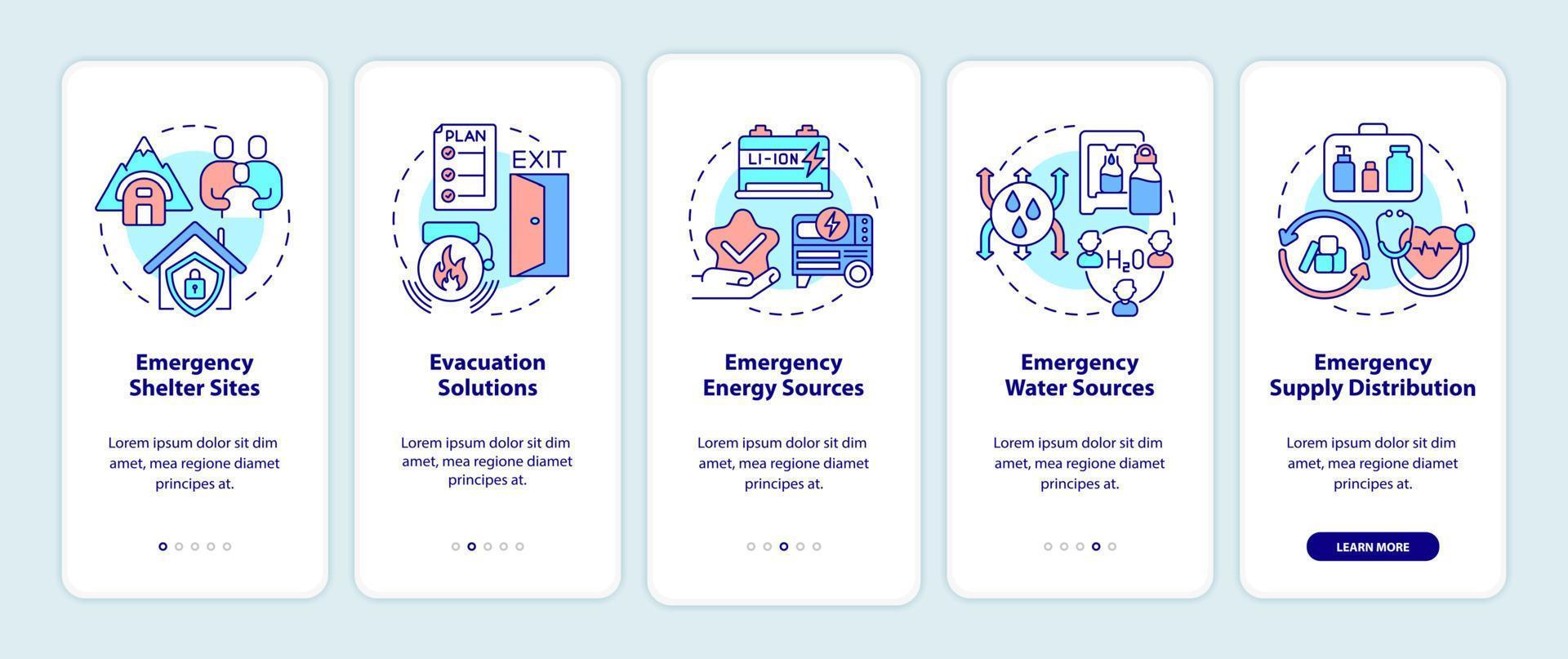 Emergency plan includes onboarding mobile app screen. Aid service walkthrough 5 steps graphic instructions pages with linear concepts. UI, UX, GUI template. Myriad Pro-Bold, Regular fonts used vector