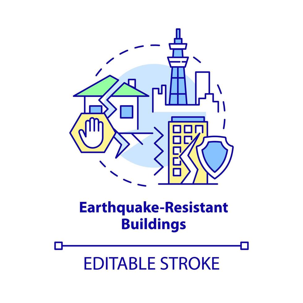 Earthquake resistant buildings concept icon. Seismic proof structures abstract idea thin line illustration. Isolated outline drawing. Editable stroke. Roboto-Medium, Myriad Pro-Bold fonts used vector