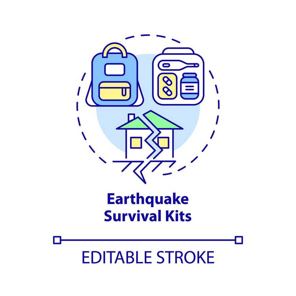 icono de concepto de kits de supervivencia para terremotos. elementos esenciales para la ilustración de línea delgada de idea abstracta de emergencia. dibujo de contorno aislado. trazo editable. roboto-medium, innumerables fuentes pro-bold utilizadas vector