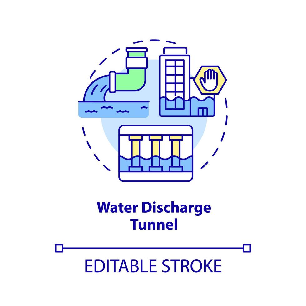 Water discharge tunnel concept icon. Facility emergency infrastructure abstract idea thin line illustration. Isolated outline drawing. Editable stroke. Roboto-Medium, Myriad Pro-Bold fonts used vector