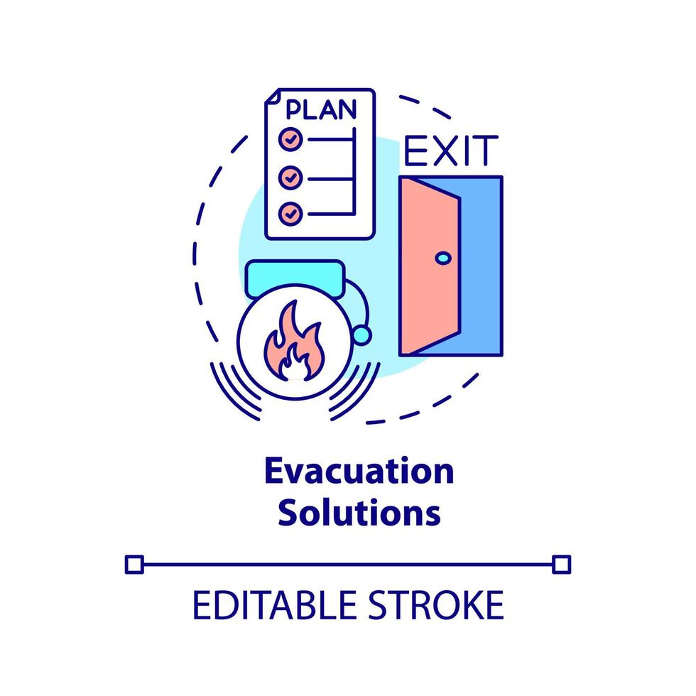 Evacuaction solutions concept icon. Urgent situation. Emergency exit way abstract idea thin line illustration. Isolated outline drawing. Editable stroke. Roboto-Medium, Myriad Pro-Bold fonts used vector