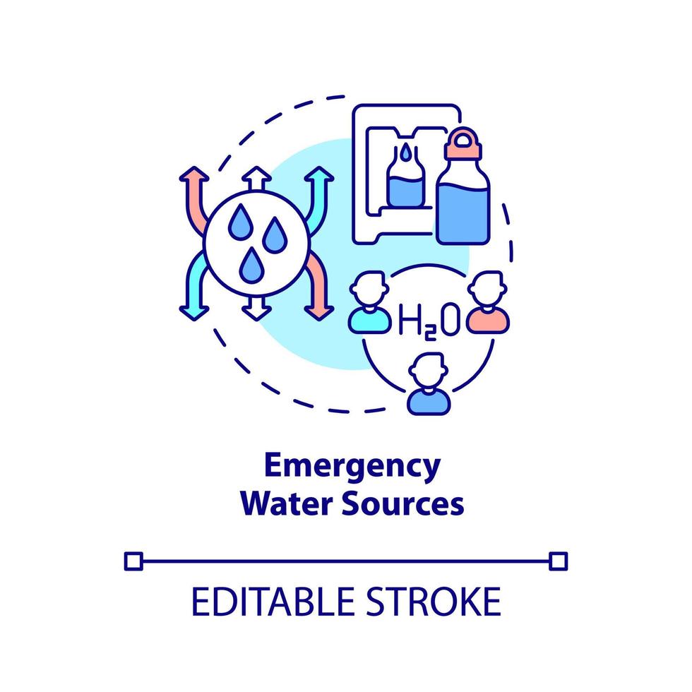 Emergency water sources concept icon. Containers of drinks abstract idea thin line illustration. Isolated outline drawing. Editable stroke. Roboto-Medium, Myriad Pro-Bold fonts used vector