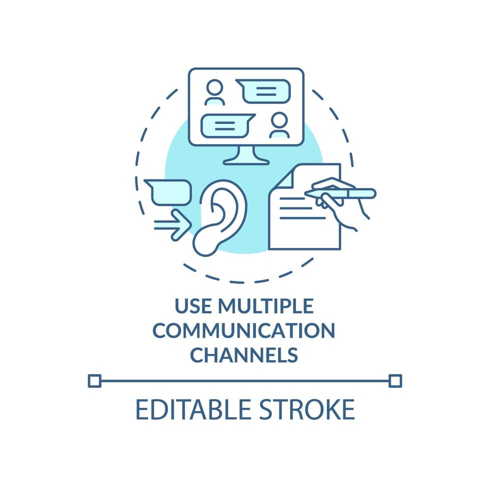 Use multiple communication channels turquoise concept icon. Team connection abstract idea thin line illustration. Isolated outline drawing. Editable stroke. Roboto-Medium, Myriad Pro-Bold fonts used vector