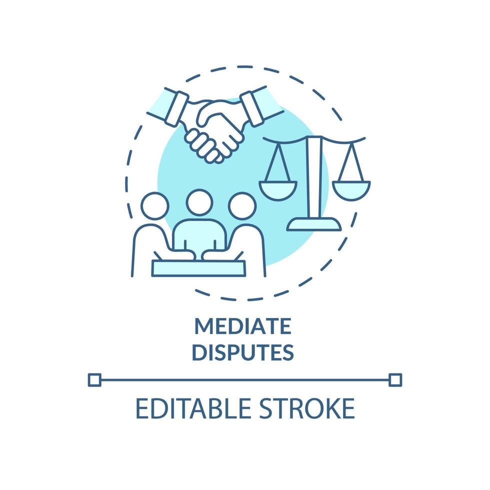 Mediate disputes turquoise concept icon. Respectful discussion abstract idea thin line illustration. Isolated outline drawing. Editable stroke. Roboto-Medium, Myriad Pro-Bold fonts used vector