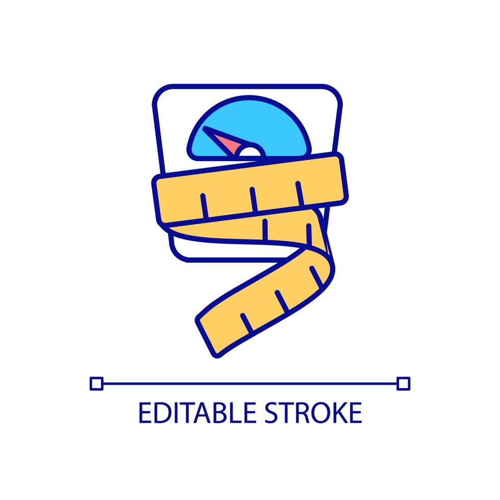 Weight losing RGB color icon. Slimming and dieting. Body fat burning. Figure and mass measurement. Isolated vector illustration. Simple filled line drawing. Editable stroke. Arial font used
