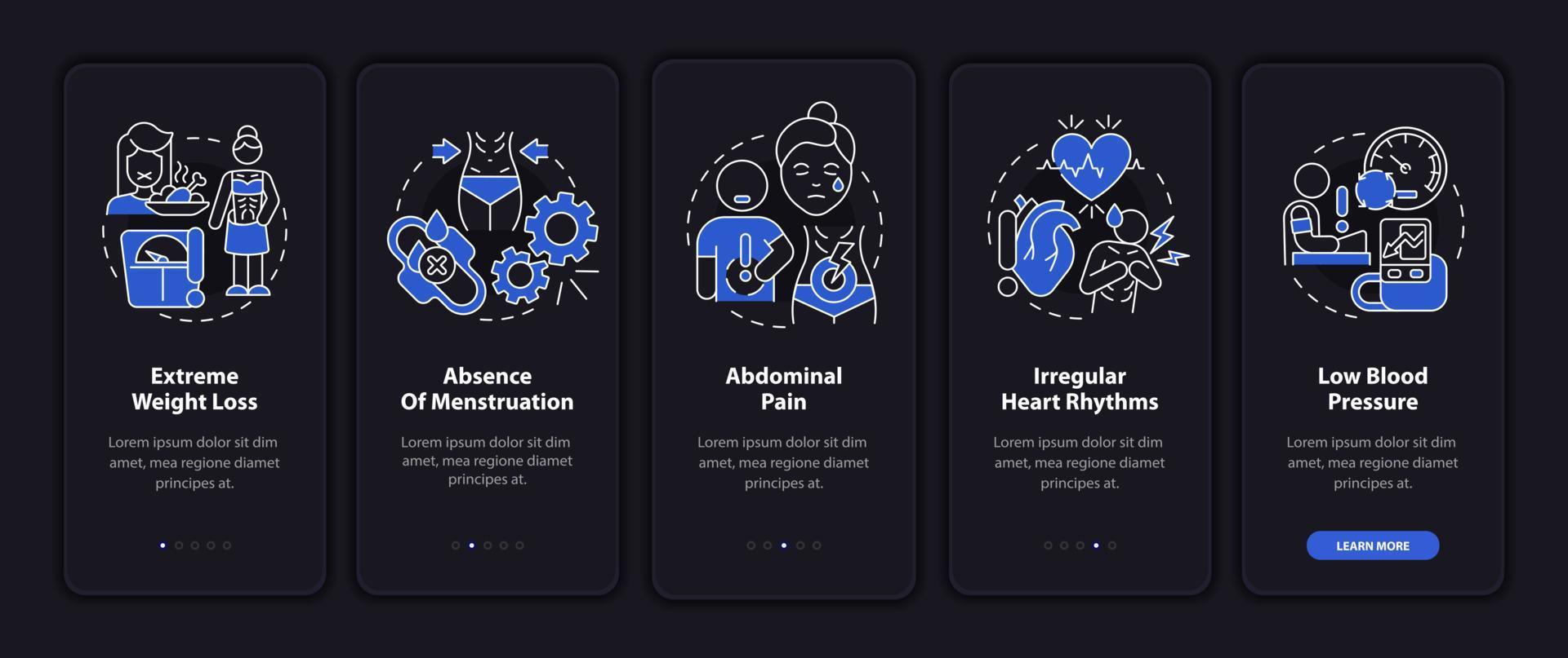 Anorexia symptoms night mode onboarding mobile app screen. Anemia walkthrough 5 steps graphic instructions pages with linear concepts. UI, UX, GUI template. Myriad Pro-Bold, Regular fonts used vector