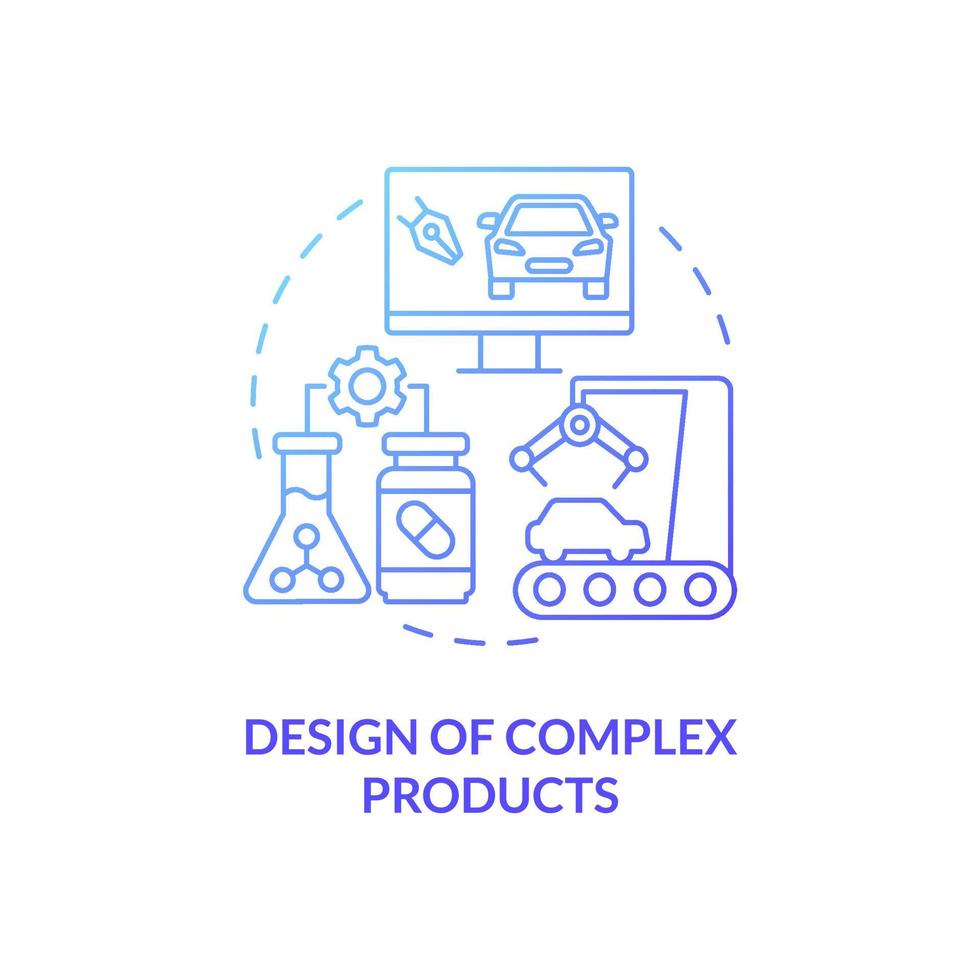 Complex products design blue gradient concept icon. Digital twin use case abstract idea thin line illustration. Smart assembly. Isolated outline drawing. Roboto-Medium, Myriad Pro-Bold fonts used vector