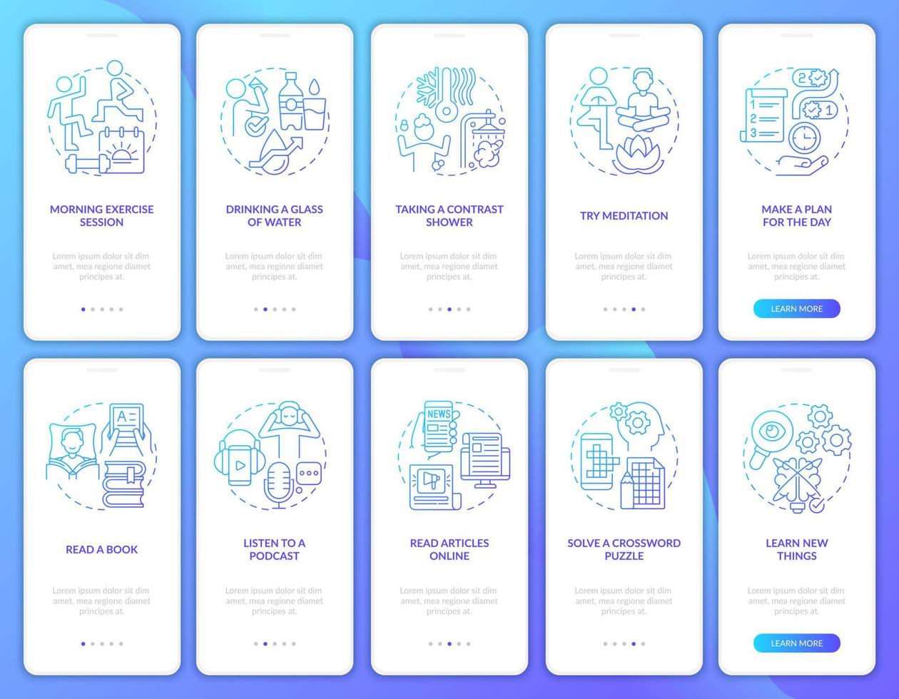 Morning routine blue gradient onboarding mobile app screen set. Wellness walkthrough 5 steps graphic instructions pages with linear concepts. UI, UX, GUI template. Myriad Pro-Bold, Regular fonts used vector