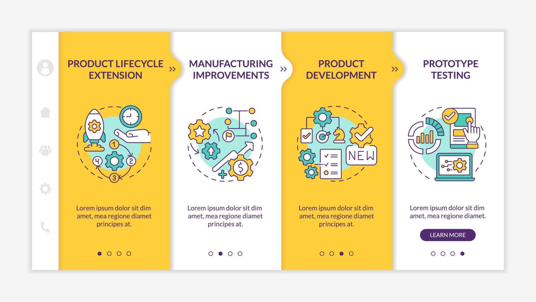 Digital twin applications yellow onboarding template. Product lifecycle. Responsive mobile website with linear concept icons. Web page walkthrough 4 step screens. Lato-Bold, Regular fonts used vector
