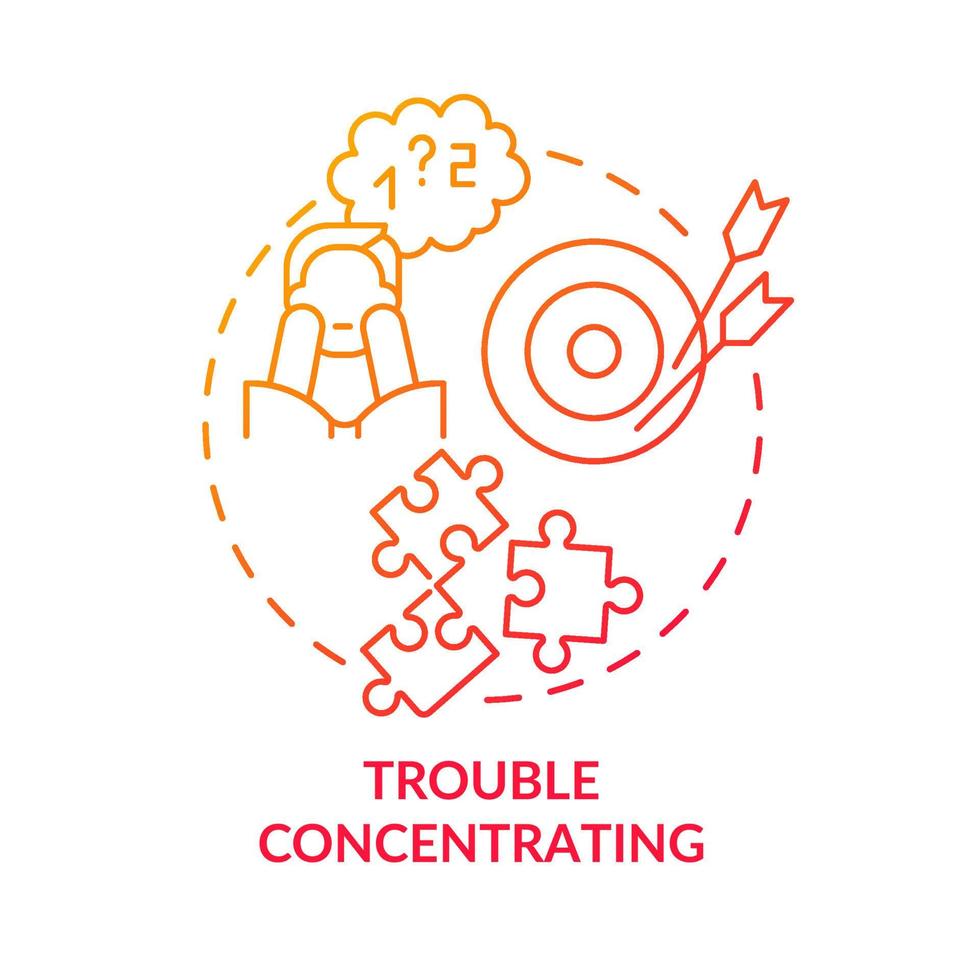 Trouble concentrating red gradient concept icon. Anxiety disorder. Mental illness abstract idea thin line illustration. Isolated outline drawing. Roboto-Medium, Myriad Pro-Bold fonts used vector
