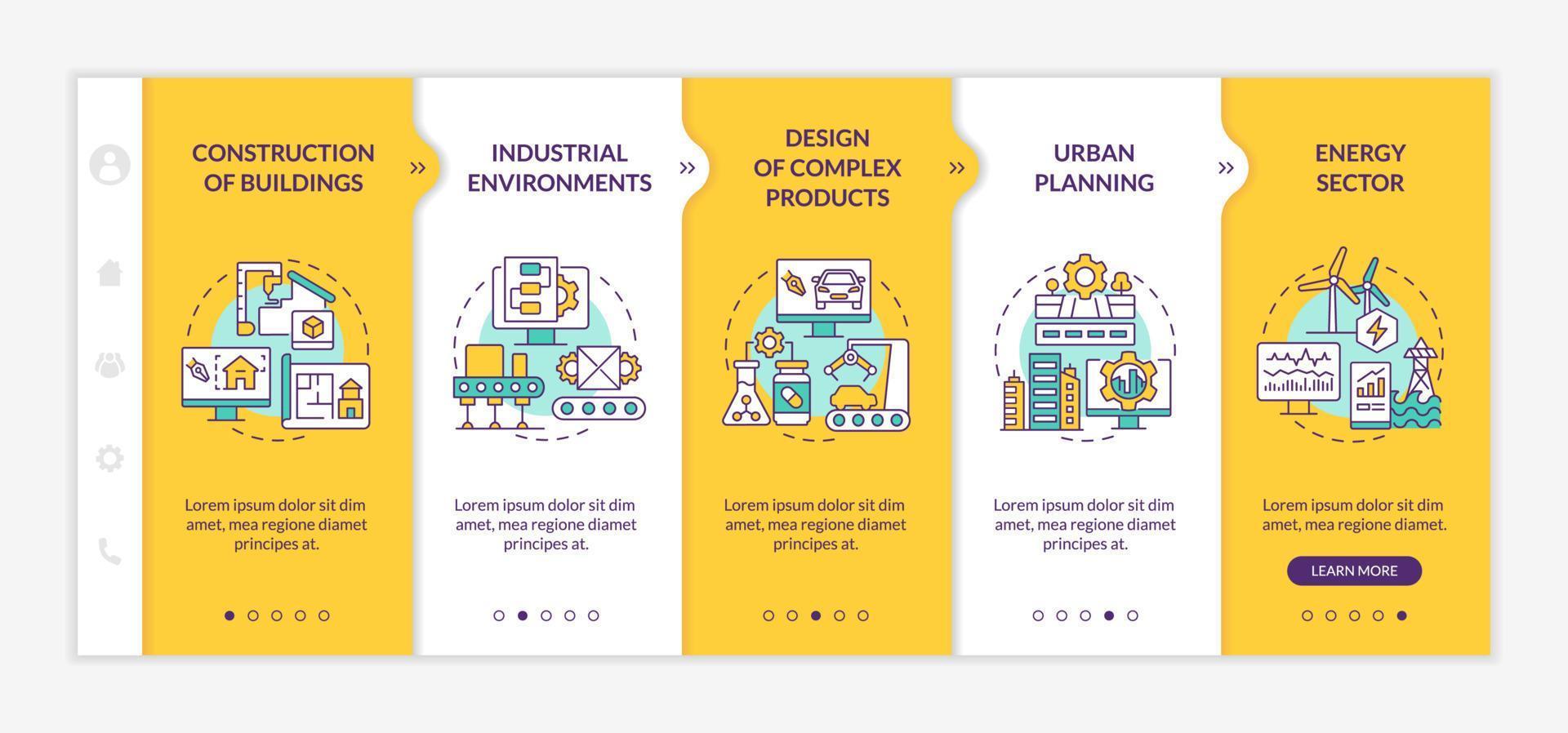 Plantilla amarilla de incorporación de situaciones de uso de gemelos digitales. sector energético. sitio web móvil receptivo con iconos de concepto lineal. Tutorial de página web Pantallas de 5 pasos. lato-negrita, fuentes regulares utilizadas vector