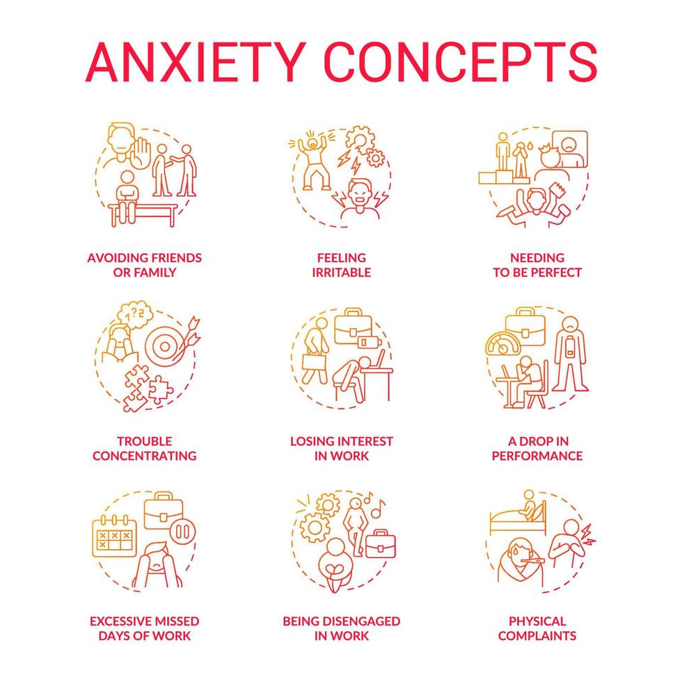 Anxiety red gradient concept icons set. Stress and panic attack. Social mental disorder idea thin line color illustrations. Isolated outline drawings. Roboto-Medium, Myriad Pro-Bold fonts used vector