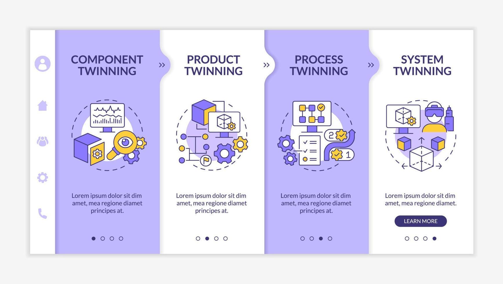 Digital twin levels purple and white onboarding template. Process twinning. Responsive mobile website with linear concept icons. Web page walkthrough 4 step screens. Lato-Bold, Regular fonts used vector