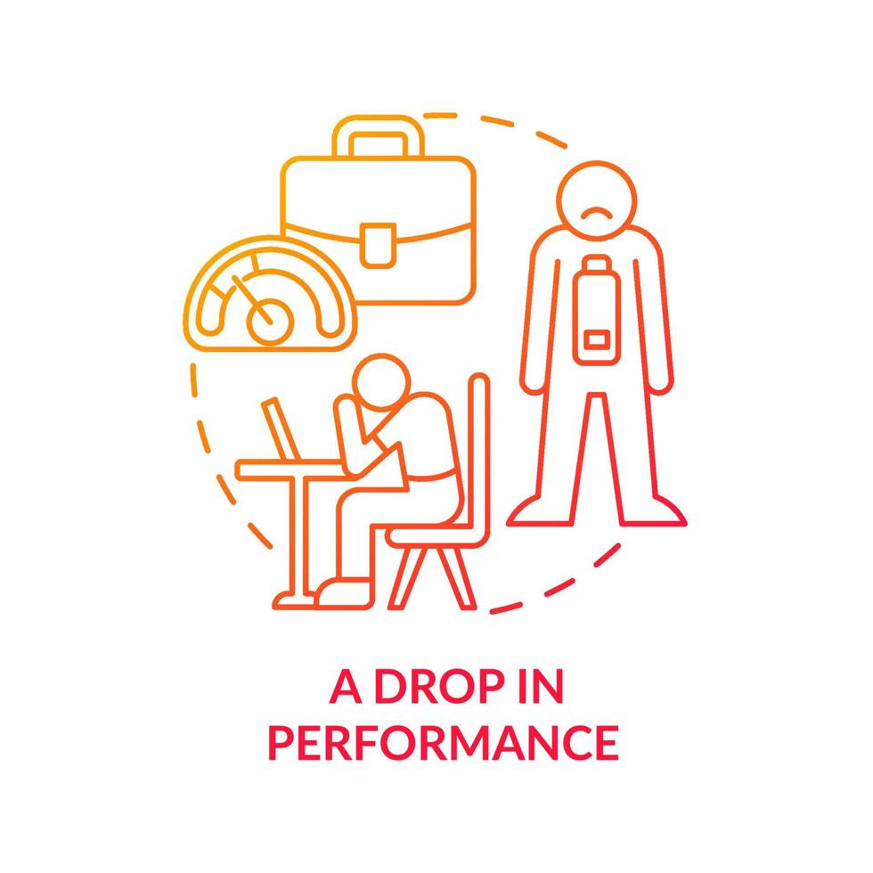 Drop in performance red gradient concept icon. Burnout and anxiety of hard work abstract idea thin line illustration. Isolated outline drawing. Roboto-Medium, Myriad Pro-Bold fonts used vector