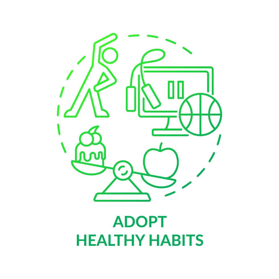 Adopt healthy habits green gradient concept icon. Overcome panic attack at work abstract idea thin line illustration. Isolated outline drawing. Roboto-Medium, Myriad Pro-Bold fonts used vector