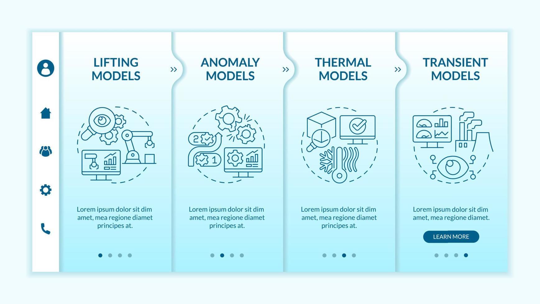 Digital twin models turquoise gradient onboarding template. Thermal models. Responsive mobile website with linear concept icons. Web page walkthrough 4 step screens. Lato-Bold, Regular fonts used vector