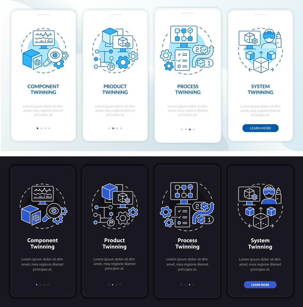 Twinning levels night and day mode onboarding mobile app screen. Walkthrough 4 steps graphic instructions pages with linear concepts. UI, UX, GUI template. Myriad Pro-Bold, Regular fonts used vector