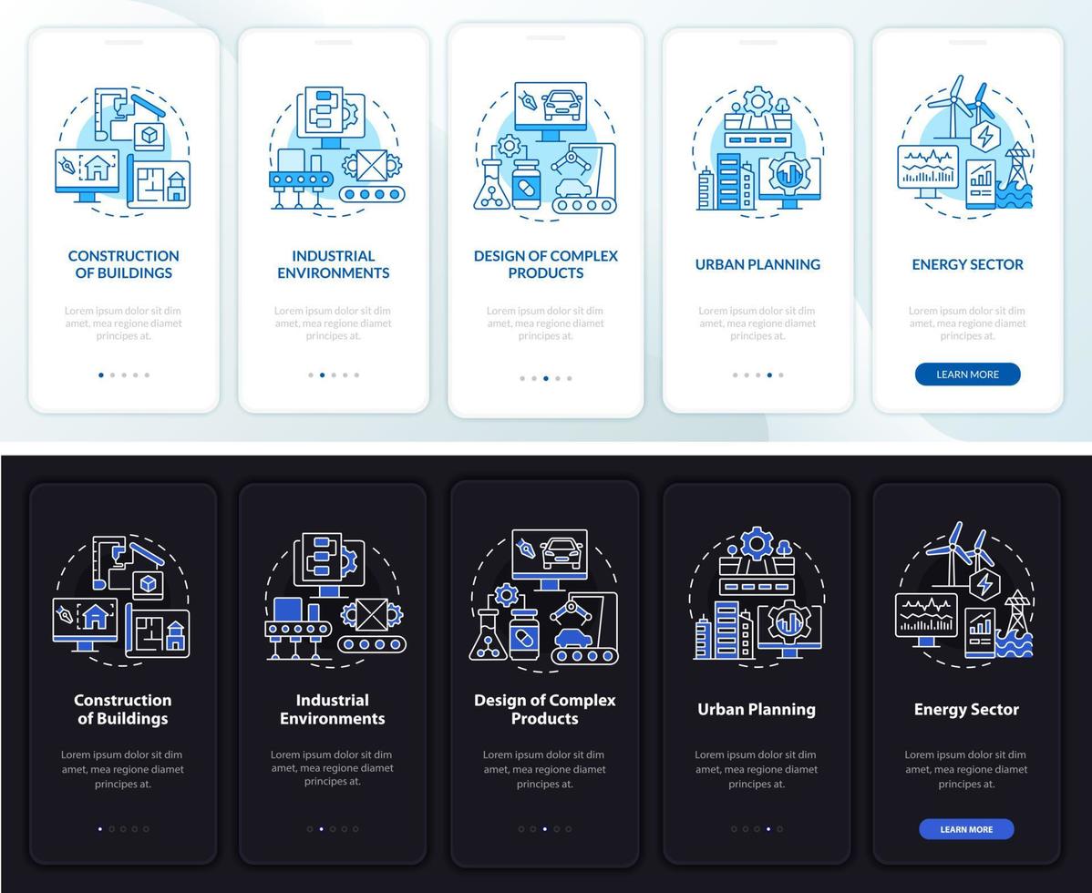 Digital twin use cases night and day mode onboarding mobile app screen. Walkthrough 5 steps graphic instructions pages with linear concepts. UI, UX, GUI template. Myriad Pro-Bold, Regular fonts used vector