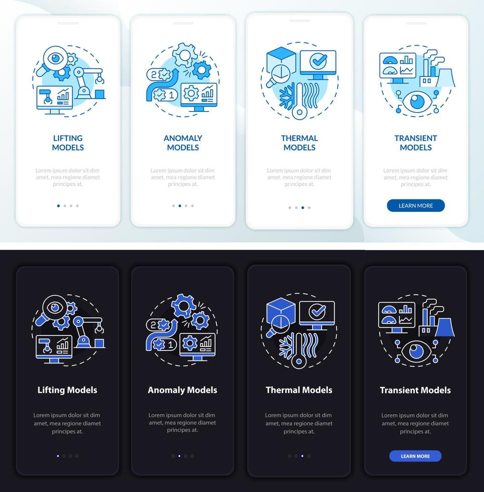 Virtual modeling night and day mode onboarding mobile app screen. Walkthrough 4 steps graphic instructions pages with linear concepts. UI, UX, GUI template. Myriad Pro-Bold, Regular fonts used vector