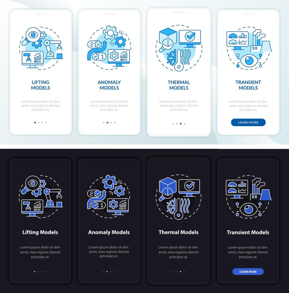 pantalla de aplicación móvil de incorporación de modo día y noche de modelado virtual. tutorial 4 pasos páginas de instrucciones gráficas con conceptos lineales. interfaz de usuario, ux, plantilla de interfaz gráfica de usuario. innumerables fuentes pro-negrita y regulares utilizadas vector