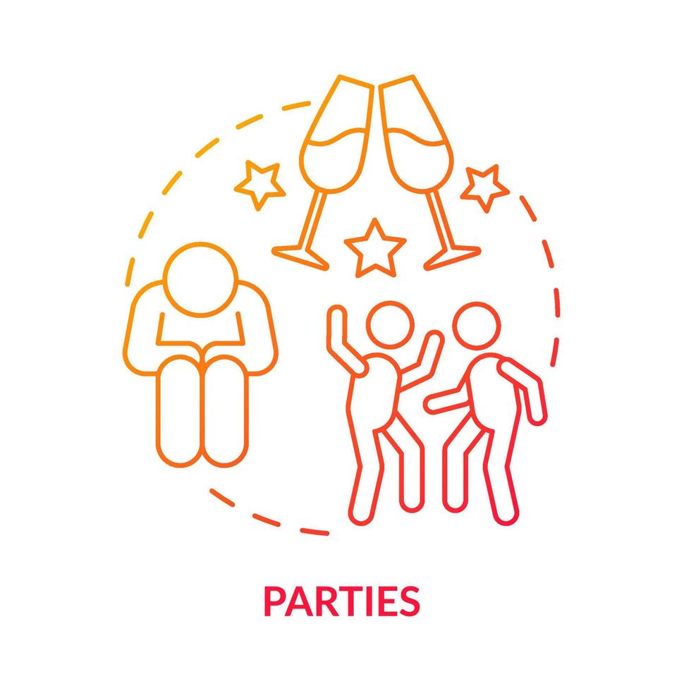 Parties red gradient concept icon. Fear of public places. Anxiety disorder trigger abstract idea thin line illustration. Isolated outline drawing. Roboto-Medium, Myriad Pro-Bold fonts used vector