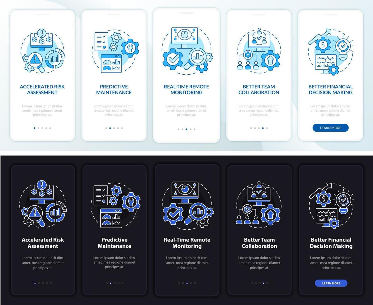 Digital twin benefits night and day mode onboarding mobile app screen. Walkthrough 5 steps graphic instructions pages with linear concepts. UI, UX, GUI template. Myriad Pro-Bold, Regular fonts used vector