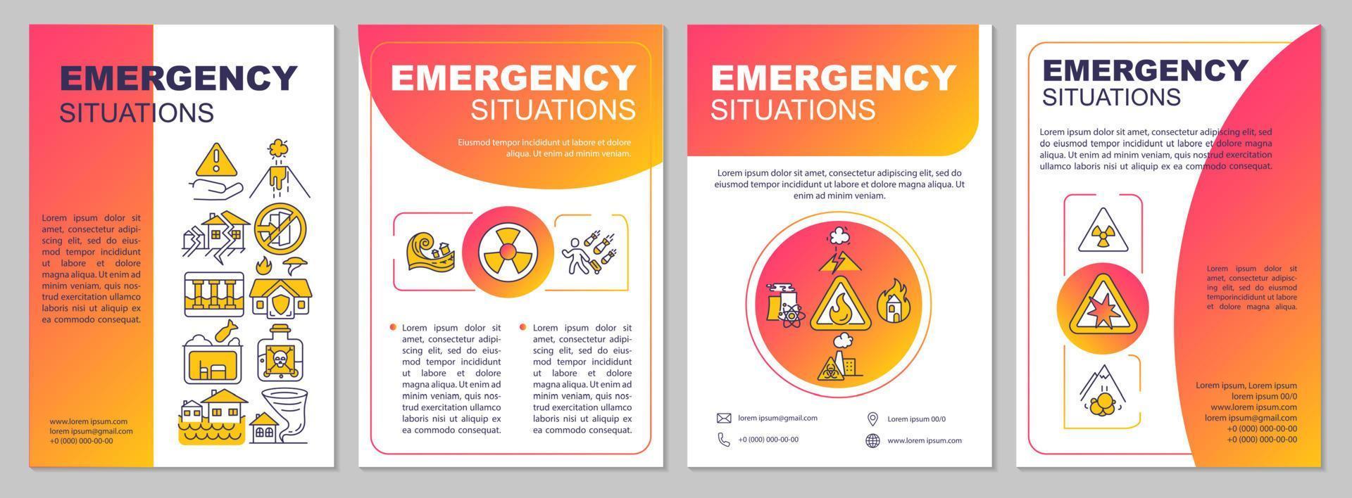 plantilla de folleto rojo de situaciones de emergencia. mitigación de desastres. diseño de impresión de folletos con iconos lineales. diseños vectoriales para presentación, informes anuales, anuncios. arial, innumerables fuentes pro-regulares utilizadas vector