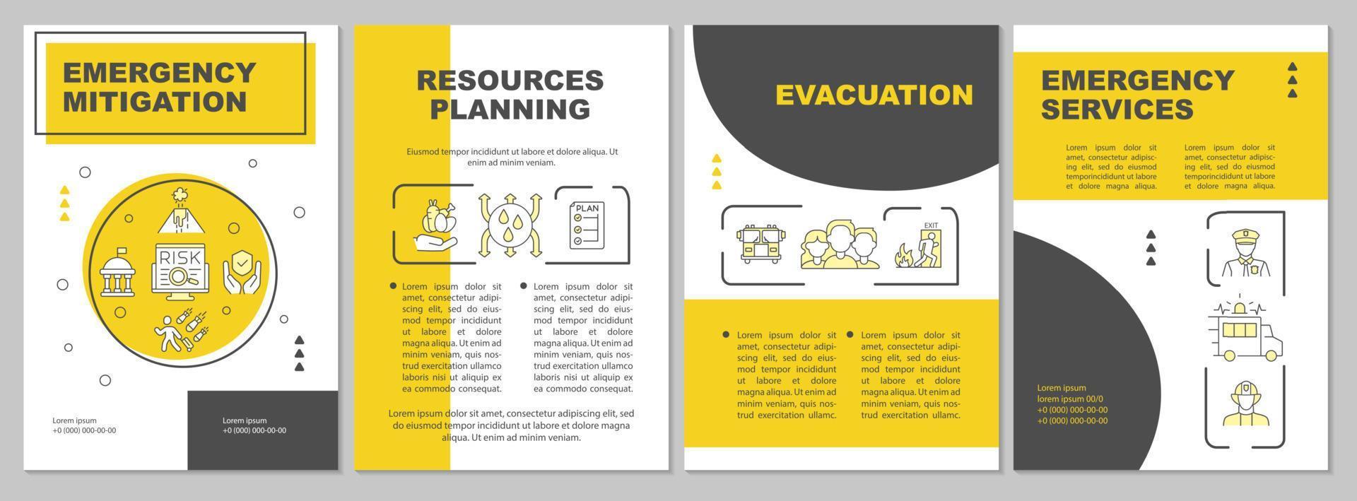 Emergency mitigation yellow brochure template. Resources planning. Booklet print design with linear icons. Vector layouts for presentation, annual reports, ads. Arial, Myriad Pro-Regular fonts used