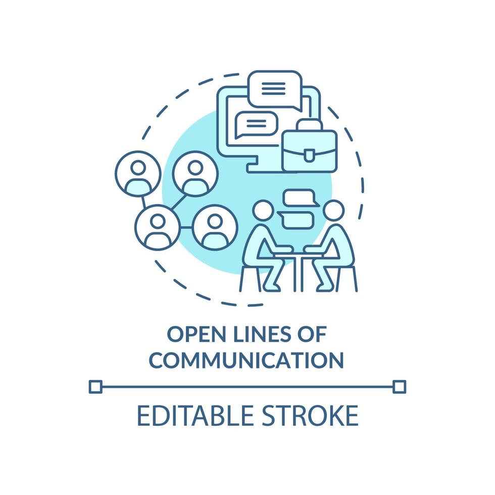 Open lines of communication turquoise concept icon. Discuss team problems abstract idea thin line illustration. Isolated outline drawing. Editable stroke. Roboto-Medium, Myriad Pro-Bold fonts used vector