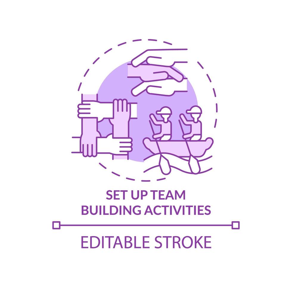 Set up team building activities purple concept icon. Teamwork culture abstract idea thin line illustration. Isolated outline drawing. Editable stroke. Roboto-Medium, Myriad Pro-Bold fonts used vector