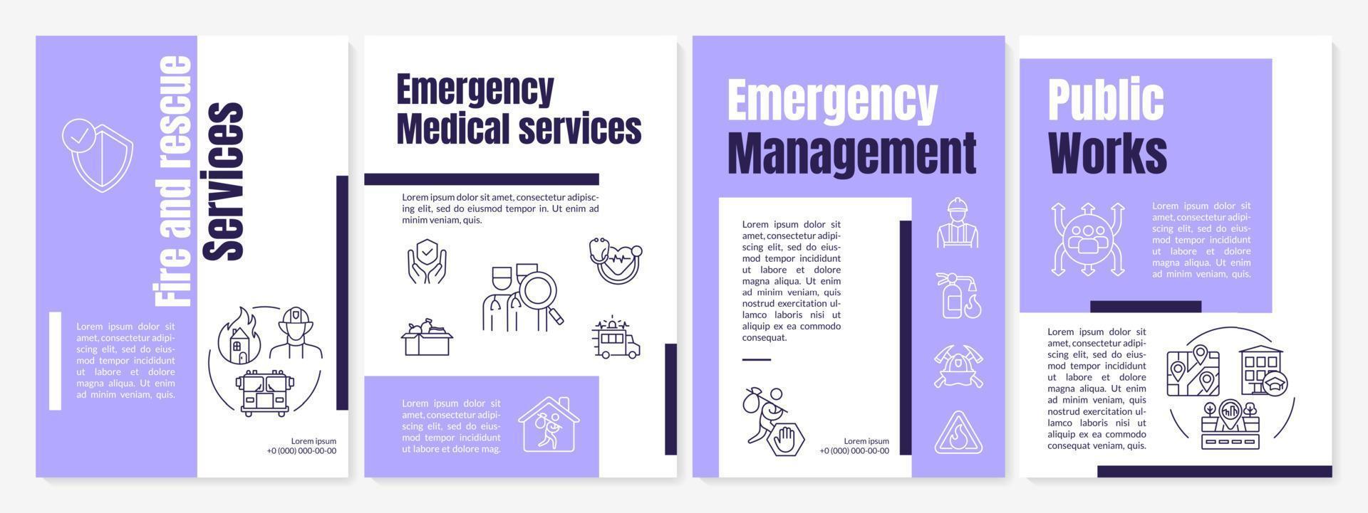 Emergency services purple brochure template. Rescue from disaster. Booklet print design with linear icons. Vector layouts for presentation, annual reports, ads. Anton-Regular, Lato-Regular fonts used