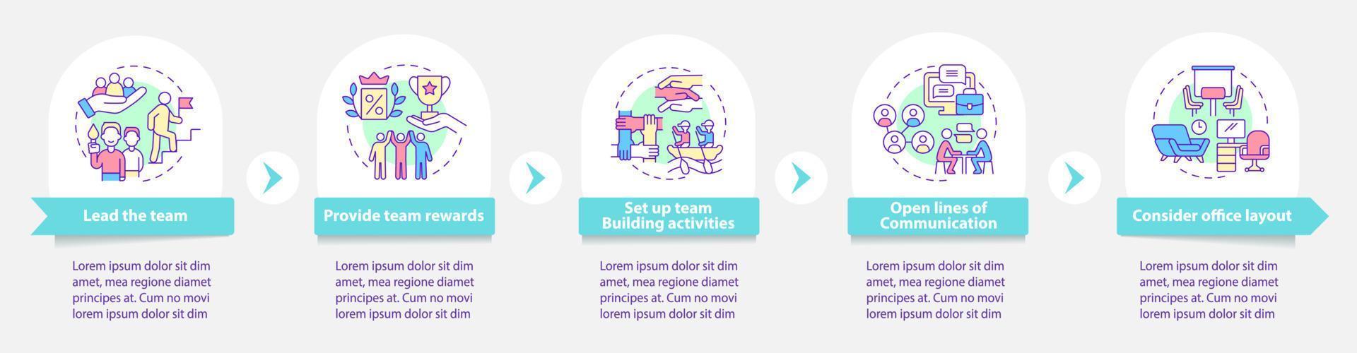 promover el trabajo en equipo en la plantilla infográfica redonda del lugar de trabajo. visualización de datos con 5 pasos. gráfico de información de la línea de tiempo del proceso. diseño de flujo de trabajo con iconos de línea. innumerables fuentes pro-negrita y regulares utilizadas vector