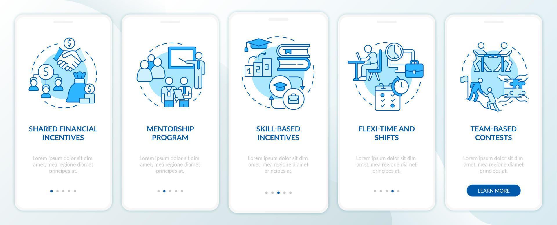 Incentivising teamwork blue onboarding mobile app screen. Motivation walkthrough 5 steps graphic instructions pages with linear concepts. UI, UX, GUI template. Myriad Pro-Bold, Regular fonts used vector