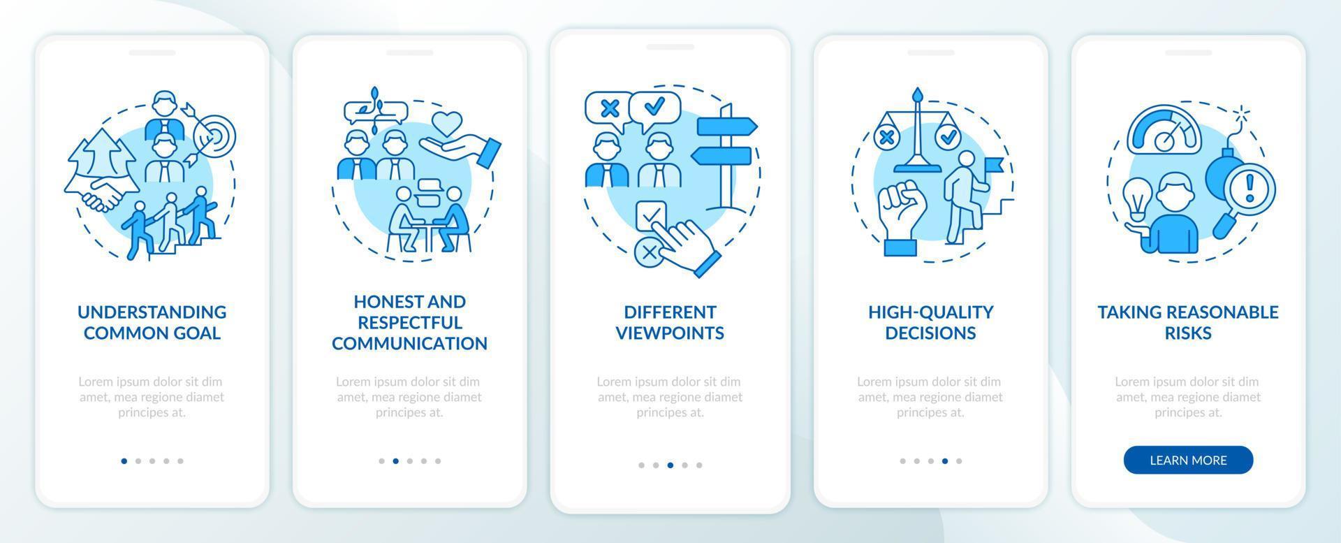 Teamwork tips blue onboarding mobile app screen. Successful company walkthrough 5 steps graphic instructions pages with linear concepts. UI, UX, GUI template. Myriad Pro-Bold, Regular fonts used vector
