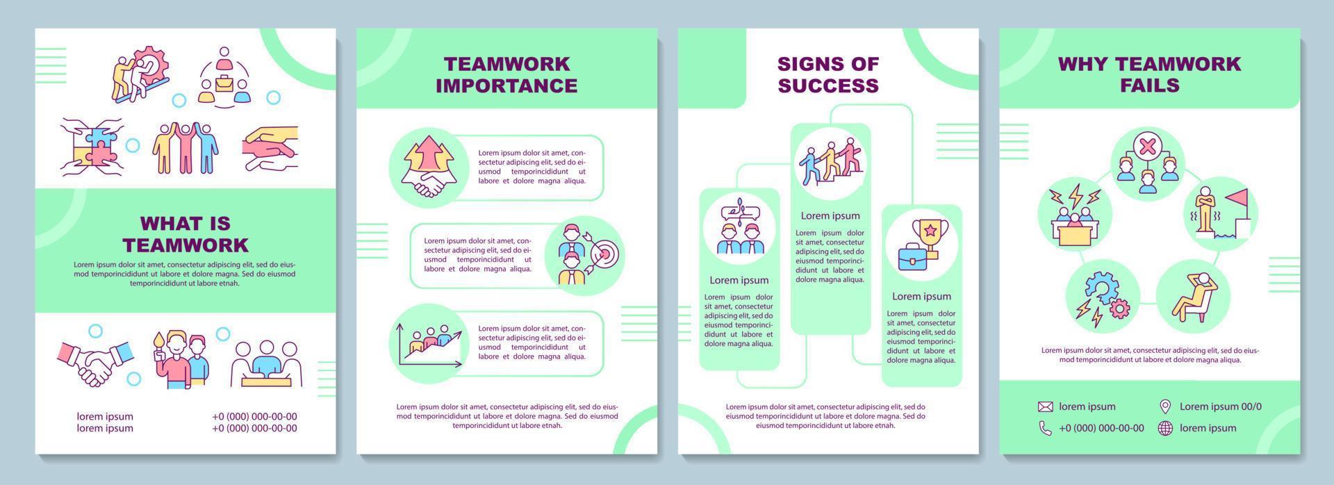 Teamwork green brochure template. Fails and success. Booklet print design with linear icons. Vector layouts for presentation, annual reports, ads. Arial-Black, Myriad Pro-Regular fonts used