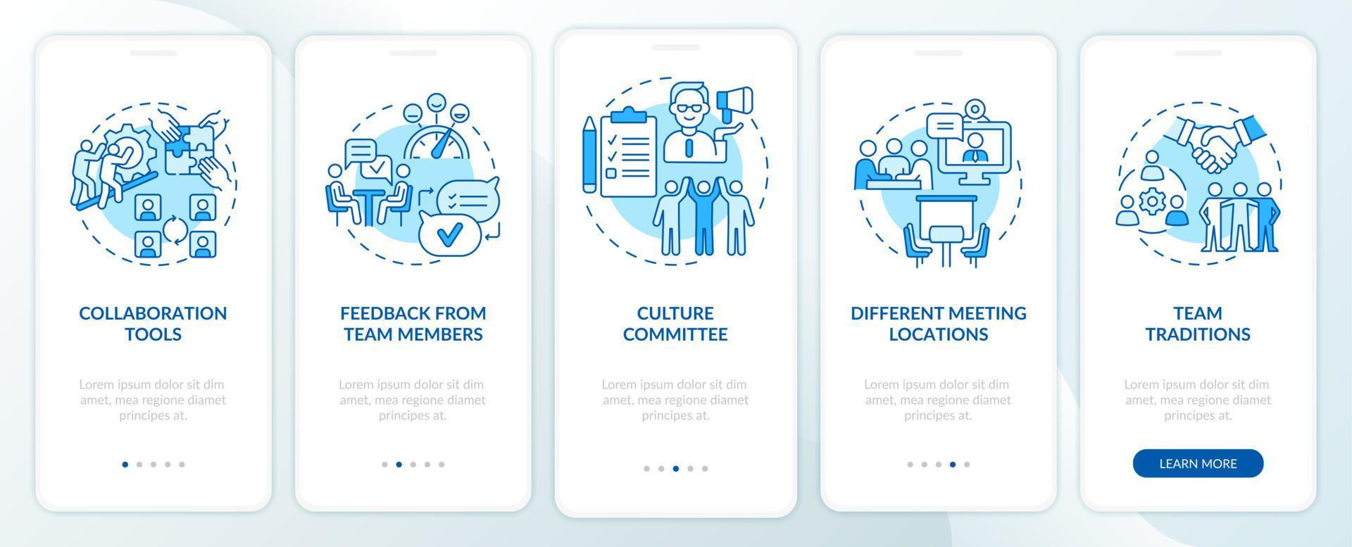 Teamwork improving tips blue onboarding mobile app screen. Productivity walkthrough 5 steps graphic instructions pages with linear concepts. UI, UX, GUI template. Myriad Pro-Bold, Regular fonts used vector