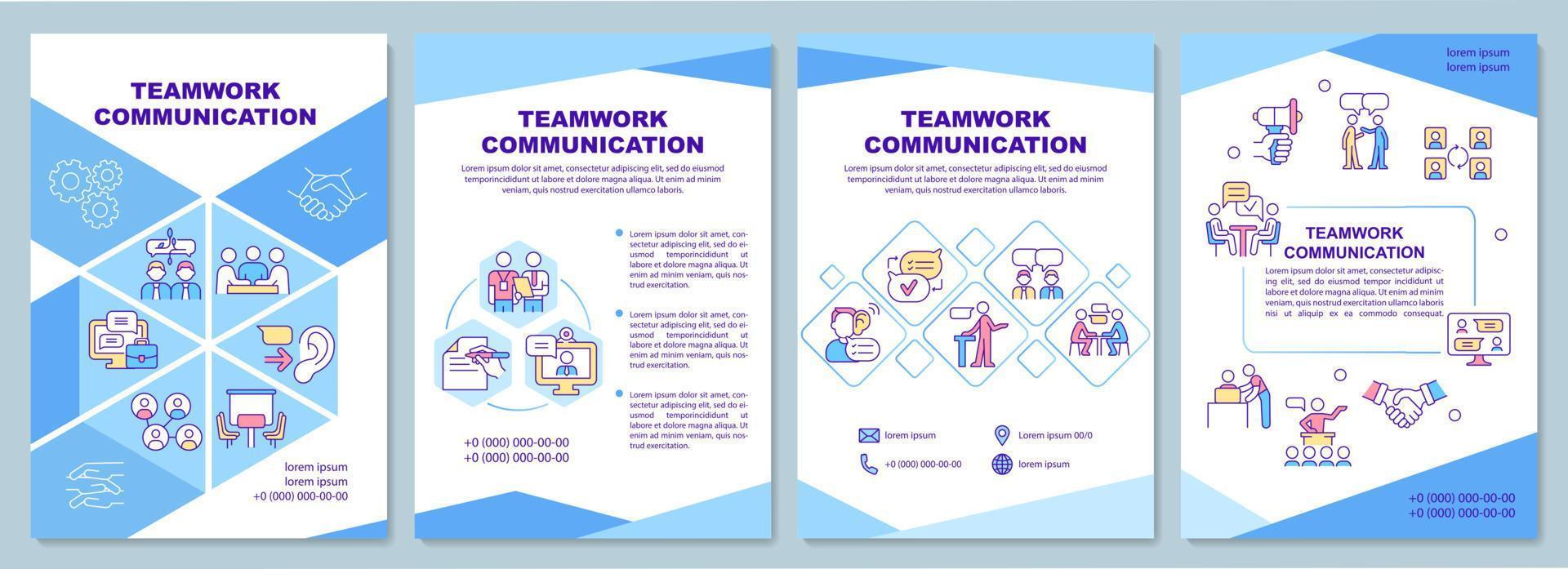 Teamwork communication blue brochure template. Team relation. Booklet print design with linear icons. Vector layouts for presentation, annual reports, ads. Arial-Black, Myriad Pro-Regular fonts used