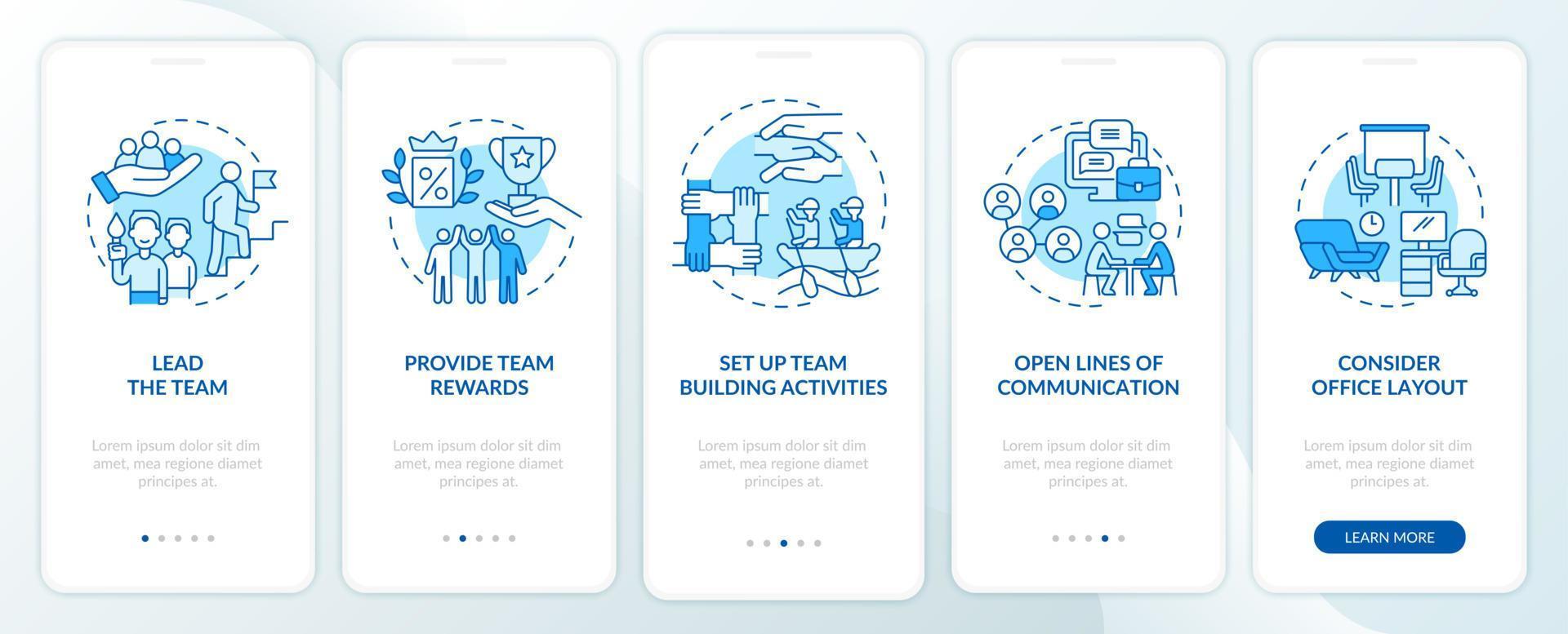 Promoting teamwork in workplace blue onboarding mobile app screen. Growth walkthrough 5 steps graphic instructions pages with linear concepts. UI, UX, GUI template. Myriad Pro-Bold, Regular fonts used vector